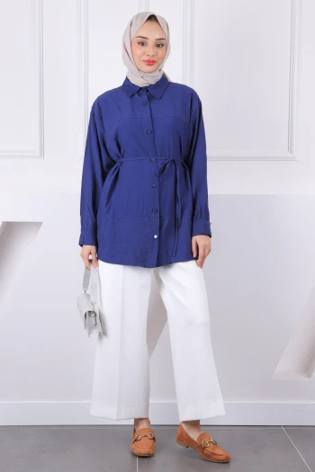 Lacivert Bel Kuşaklı Gömlek