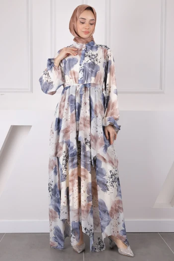 Lacivert Bel Kuşaklı Şifon Elbise