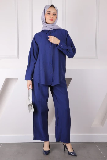Lacivert Bel Lastikli Gömlek Pantolonlu Takım