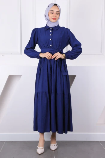 Lacivert Bel Lastikli Kuşaklı Modal Elbise