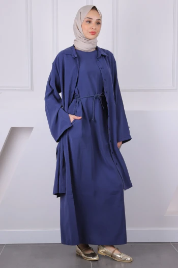 Lacivert Beli İpli Tunik  Elbise Kombin Takım