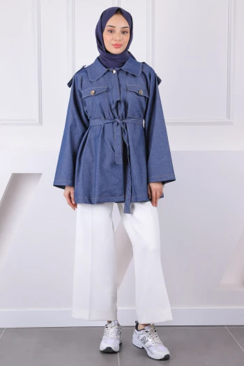 Lacivert Çift Cepli Kuşaklı Ceket