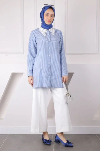 Lacivert Çizgili Yaka Dantelli Tunik