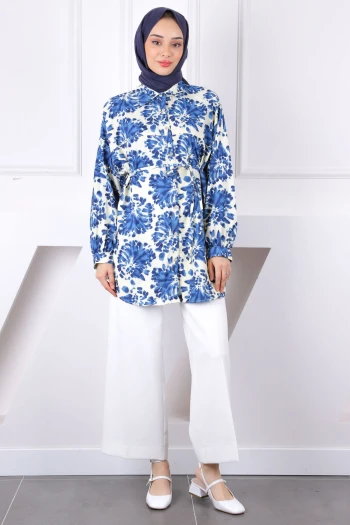 Lacivert Desenli Düğmeli Tunik