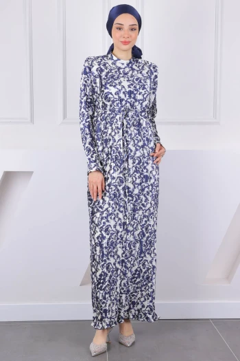 Lacivert Desenli Piliseli Saten Abiye