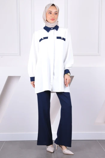 Lacivert Düğmeli Tunik Pantolonlu Takım