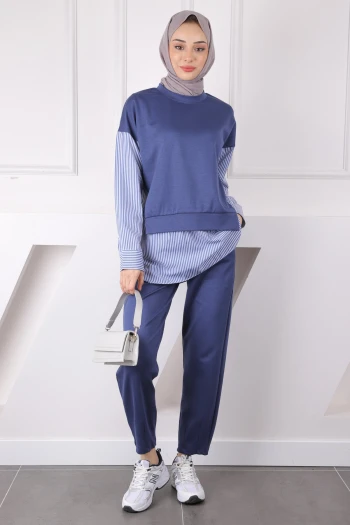 Lacivert Gömlek Garnili Modal Tunik Pantolonlu Takım