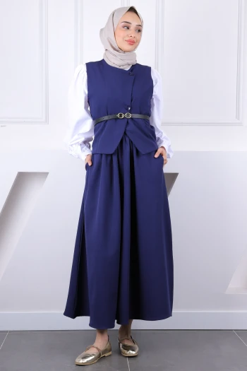 Lacivert Kemerli Yelek Etekli Takım