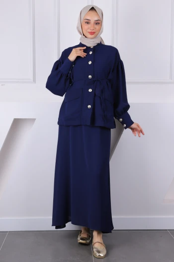 Lacivert Kol Büzgülü Ceket Etekli Takım