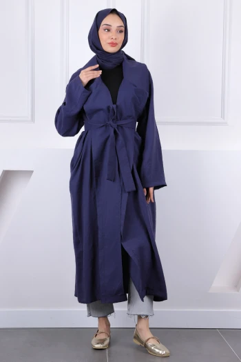 Lacivert Kruvaze Yaka Bel Kuşaklı Modal Trençkot