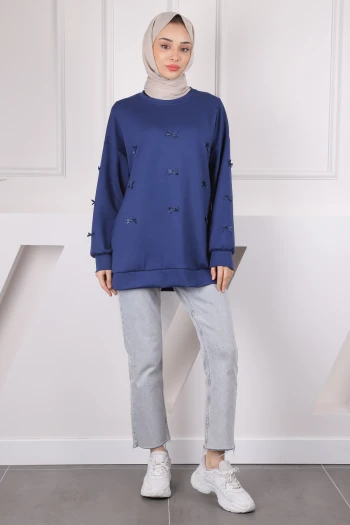Lacivert Kurdele Detaylı Modal Sweat