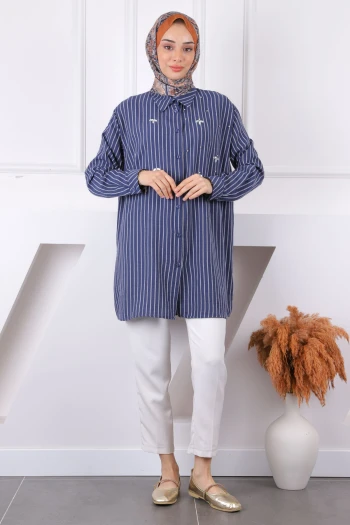 Lacivert Önü Taşlı Çizgili Tunik