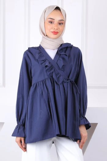 Lacivert Yaka Fırfırlı Kimono