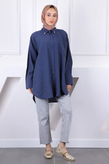 Lacivert Yaka Taşlı Tel Cepli Oversize Tunik