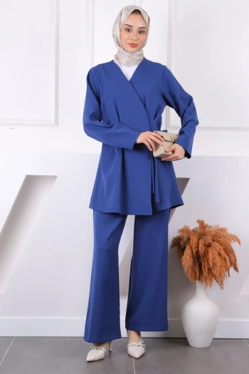Lacivert Yan Bağlamalı Tunik Pantolonlu Takım