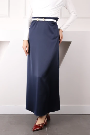 Lacivert Yan Fermuarlı Saten Kloş Etek