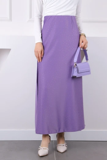 Lila Bel Lastikli Taşlı Saten Etek