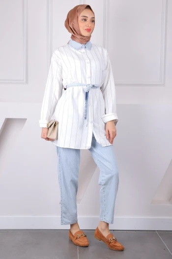 Mavi Bel Kuşaklı Kot Garnili Tunik Pantolonlu Takım