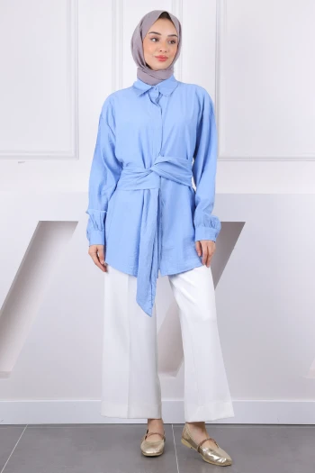 Mavi Bel Kuşaklı Modal Gömlek