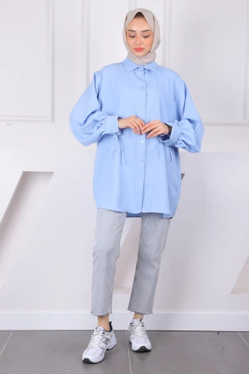 Mavi Kol Bağlamalı Keten Tunik