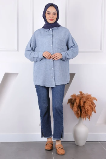Mavi Kolu Katlı Düğmeli Gömlek