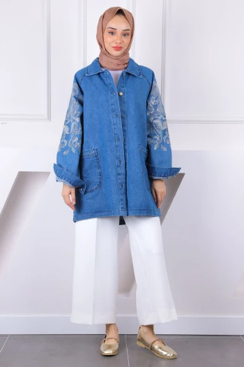 Mavi Pul Nakışlı Cepli Kot Ceket