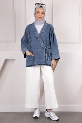 Mavi Yan Bağlamalı Cepli Kot Ceket