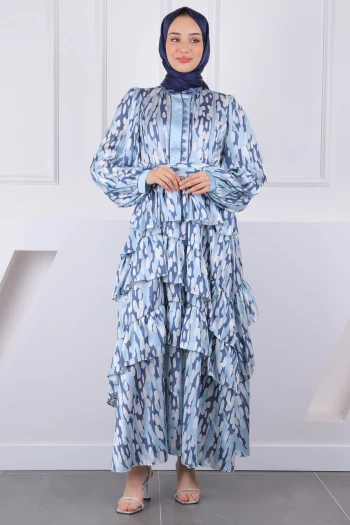 Mint Yeşili Desenli Eteği Katlı Saten Abiye