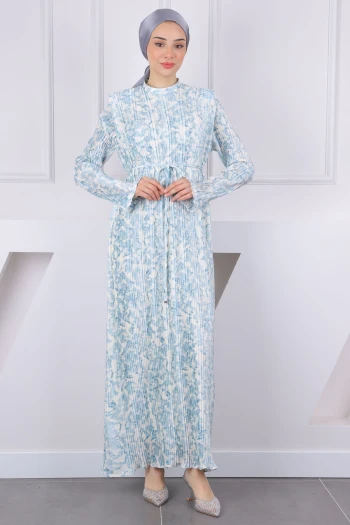 Mint Yeşili Desenli Piliseli Saten Abiye