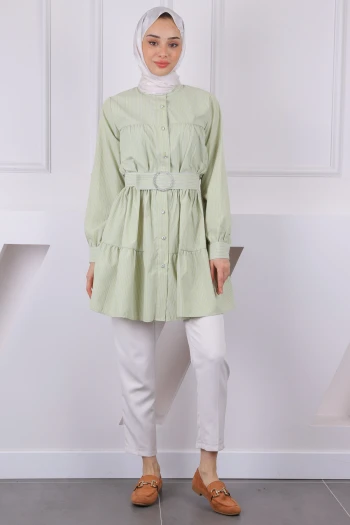 Mint Yeşili Hakim Yaka Çizgili Poplin Tunik
