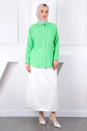 Neon Yeşili Kolu Katlı Düğmeli Gömlek