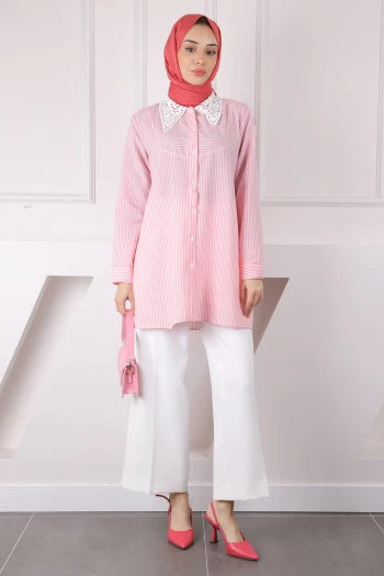 Pembe Çizgili Yaka Dantelli Tunik
