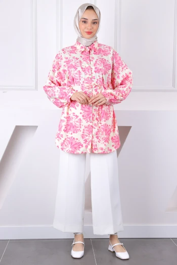 Pembe Desenli Düğmeli Tunik