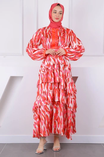 Pembe Desenli Eteği Katlı Saten Abiye