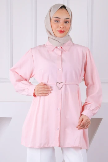 Pembe Kuşaklı Düğmeli Tunik