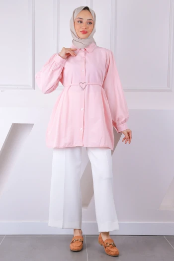 Pembe Kuşaklı Düğmeli Tunik