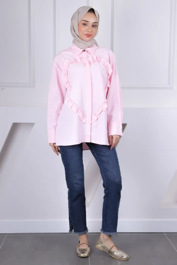 Pembe Ön Kalp Fırfırlı Gömlek