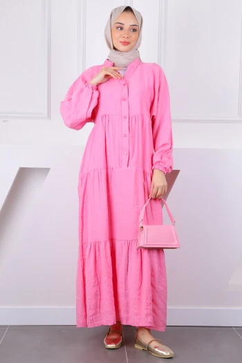 Pembe Yarım Düğmeli Modal Elbise