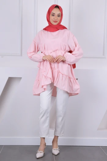 Pudra Eteği Katlı Fırfırlı Tunik