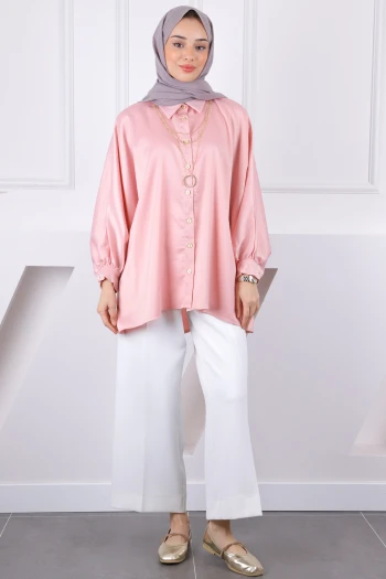 Pudra Kolyeli Oversize Saten Gömlek