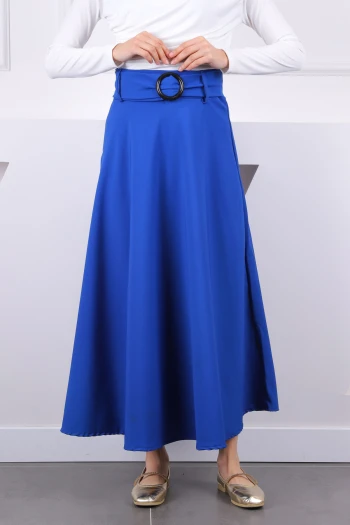 Saks Mavi Bel Kemerli Kloş Etek