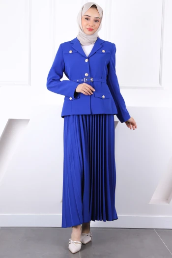 Saks Mavi Kemerli Ceket Etekli Krep Takım