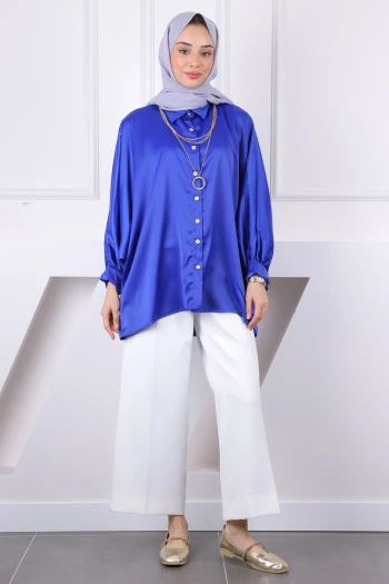 Saks Mavi Kolyeli Oversize Saten Gömlek