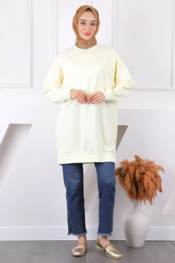 Sarı Bisiklet Yaka Yan Yırtmaçlı Sweat