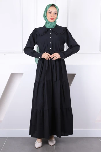 Siyah Bebe Yaka Kuşaklı Gofralı Elbise