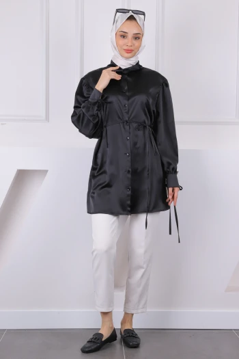 Siyah Bel Bağlamalı Saten Tunik