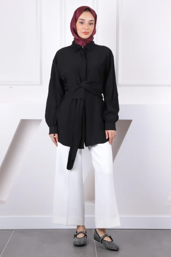 Siyah Bel Kuşaklı Modal Gömlek