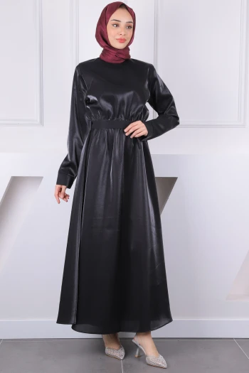 Siyah Bel Lastikli Saten Kuşaklı Abiye