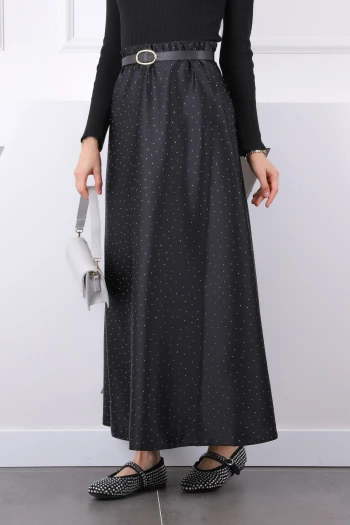 Siyah Bel Lastikli Taşlı Saten Etek