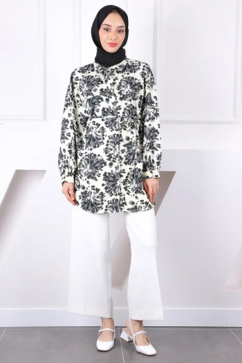 Siyah Desenli Düğmeli Tunik
